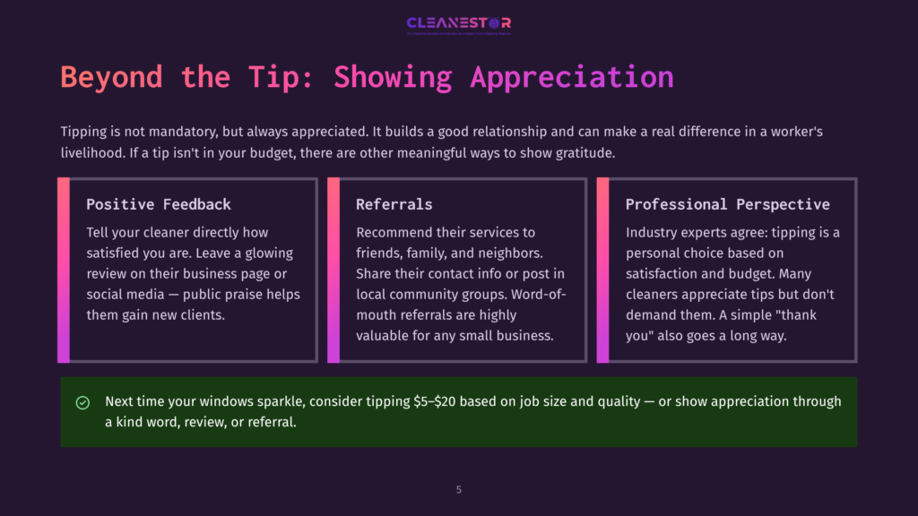 5 Beyond The Tip Showing Appreciation A Dark Purple Slide Titled &Quot;Beyond The Tip: Showing Appreciation&Quot; With Three Columns: &Quot;Positive Feedback,&Quot; &Quot;Referrals,&Quot; And &Quot;Professional Perspective.&Quot; The Text &Quot;Cleanestor&Quot; Is At The Top.