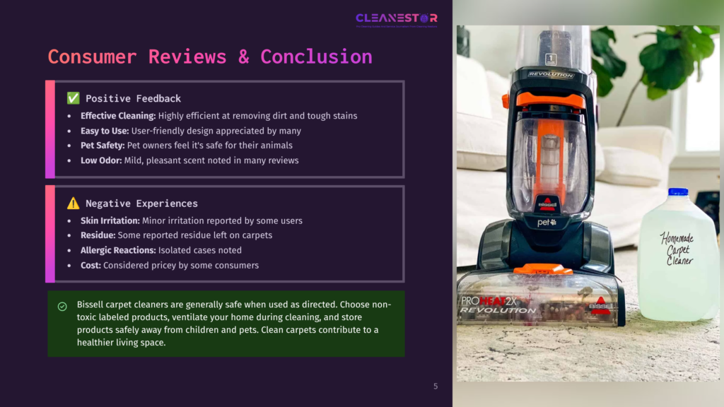 5 Consumer Reviews And Conclusion Bissell Proheat 2X Revolution Carpet Cleaner, White And Blue, Stands On A Clean Carpet Next To A Jug Of Homemade Carpet Cleaner. The Image Is Part Of A Presentation Slide With Text About Consumer Reviews And Conclusions.