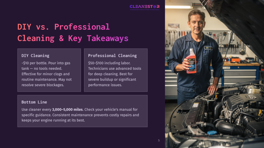 5 Diy Vs Professional Cleaning And Key Takeaways Man In Blue Mechanic'S Uniform Holds A Bottle Of Car Cleaner Next To An Open Car Engine, With Text Overlay About Diy Vs. Professional Car Cleaning.