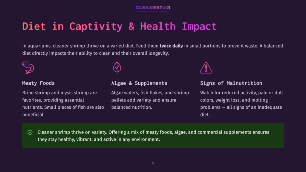 Infographic On Cleaner Shrimp Diet: &Quot;Diet In Captivity &Amp; Health Impact&Quot; With Sections On Meaty Foods, Algae &Amp; Supplements, And Signs Of Malnutrition, Plus A Summary About Variety For Health.