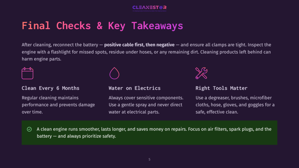 Cleanestor Logo With Tagline &Quot;Pro Cleaning Service And Home Improvement Solutions&Quot;. Below, &Quot;Final Checks &Amp; Key Takeaways&Quot; With Points On Battery, Water On Electrics, And Right Tools Matter For Car Cleaning.