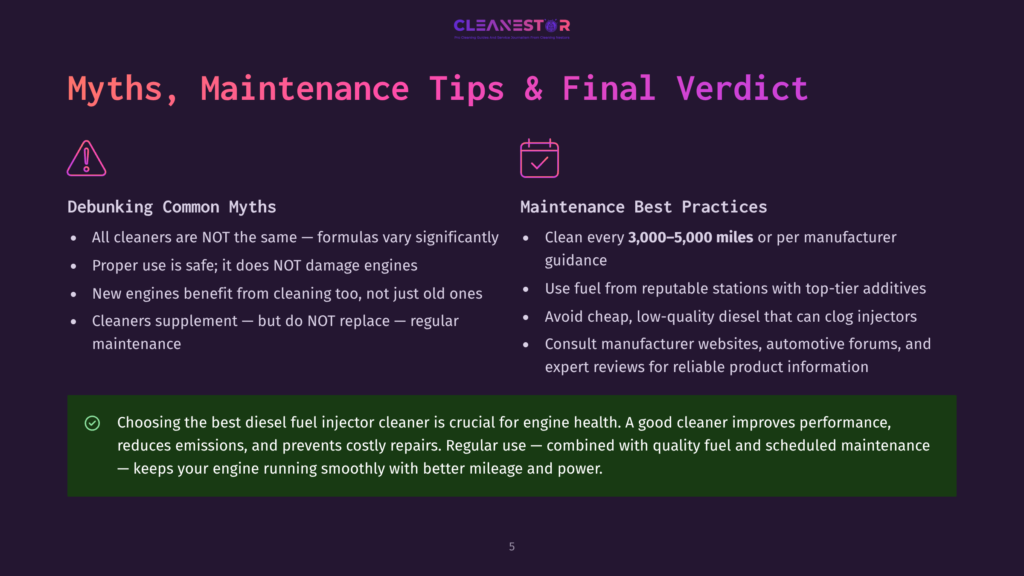 Myths, Maintenance Tips &Amp; Final Verdict Slide With Sections On Debunking Common Myths And Maintenance Best Practices. Features Icons For Warnings And Maintenance Checklists.