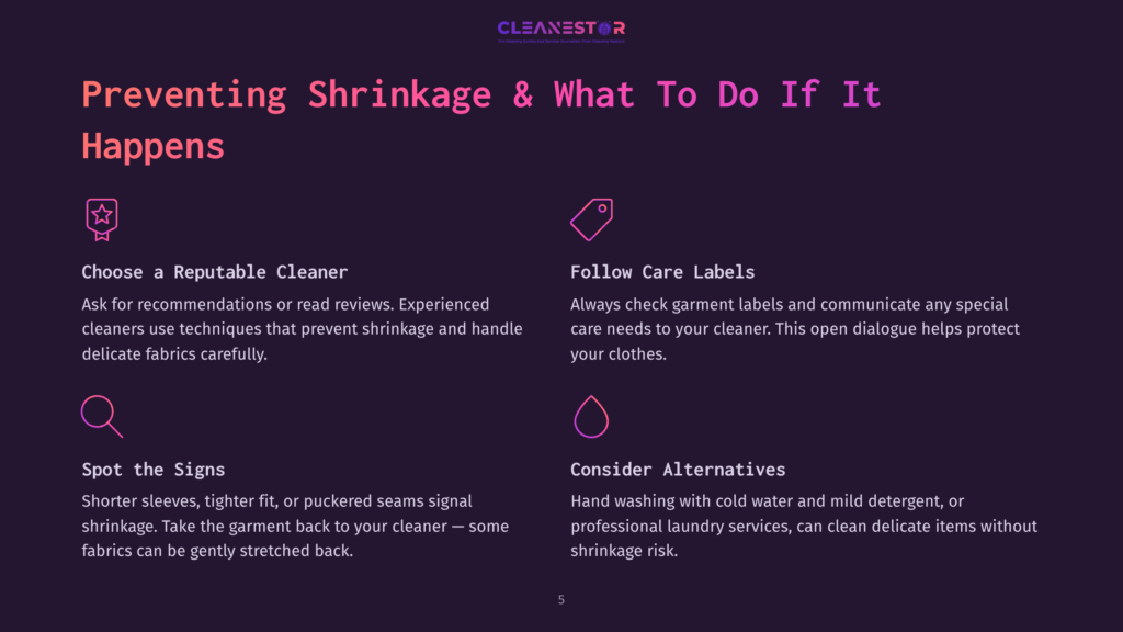 A Dark Purple Background Features The Text &Quot;Preventing Shrinkage &Amp; What To Do If It Happens&Quot; In Large White Lettering. Below This Are Two Columns Of Text With Icons: &Quot;Choose A Reputable Cleaner&Quot; With A Star Icon, And &Quot;Follow Care Labels&Quot; With A Tag Icon. The Bottom Row Has &Quot;Spot The Signs&Quot; With A Magnifying Glass Icon, And &Quot;Consider Alternatives&Quot; With A Droplet Icon.