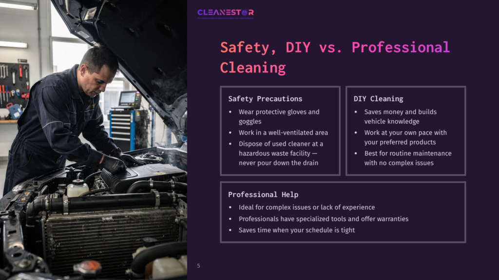 A Mechanic In Black Gloves Works On A Car Engine, With The Hood Open. The Image Features A &Quot;Cleanestor&Quot; Logo And Text Comparing Diy Vs. Professional Cleaning, Detailing Safety Precautions And Benefits.