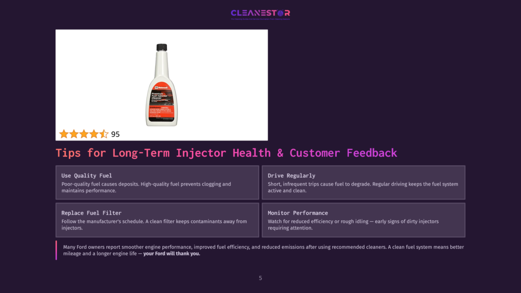 Bottle Of Ford Premium Fuel Injector Cleaner With A Red And White Label, Showing 4.5 Stars And 95 Reviews.