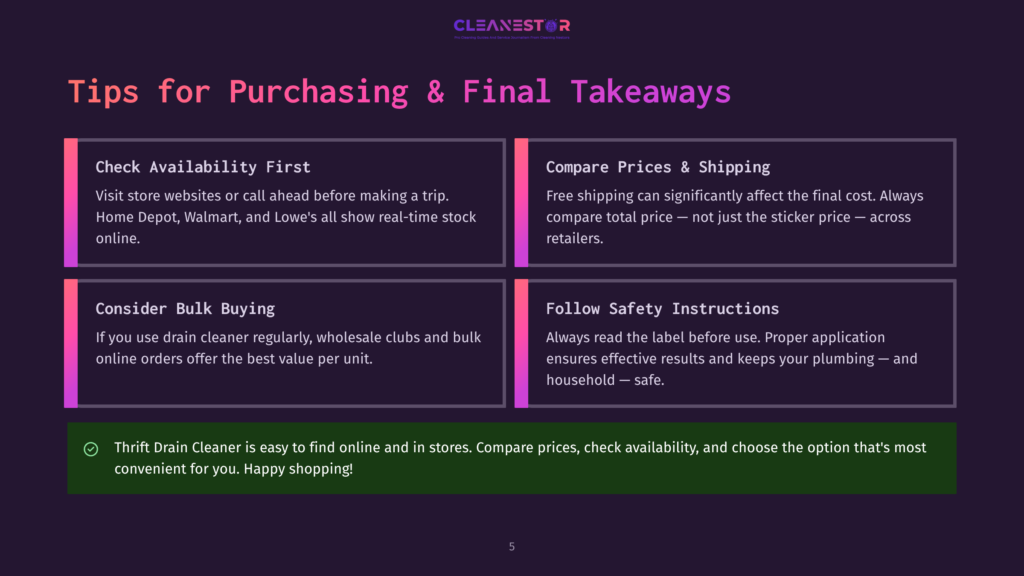 Infographic Titled &Quot;Tips For Purchasing &Amp; Final Takeaways&Quot; With Four Sections: &Quot;Check Availability First&Quot;, &Quot;Compare Prices &Amp; Shipping&Quot;, &Quot;Consider Bulk Buying&Quot;, And &Quot;Follow Safety Instructions&Quot;.