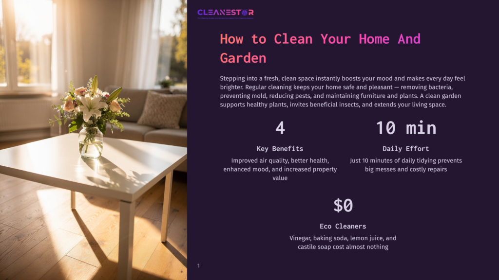 Cleanestor Logo On A Dark Background With Text About Cleaning Your Home And Garden, And A Serene Living Room Scene With A Coffee Table And Flowers.