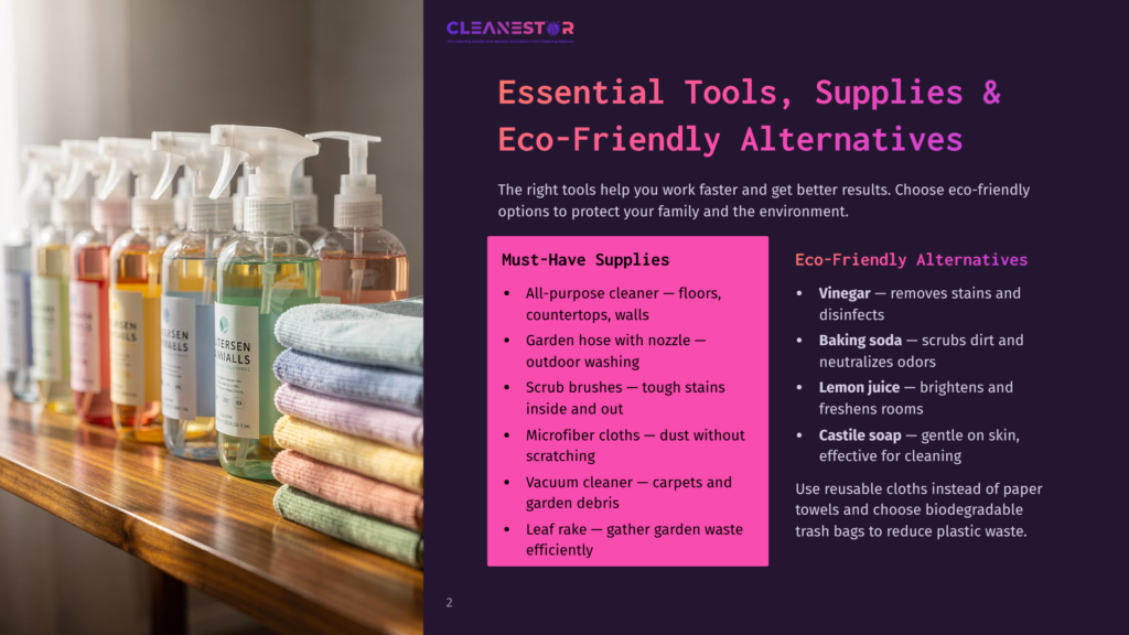 A Collection Of Colorful Cleaning Spray Bottles And Neatly Folded Microfiber Cloths Are Displayed On A Wooden Shelf, Suggesting Eco-Friendly Cleaning Supplies.