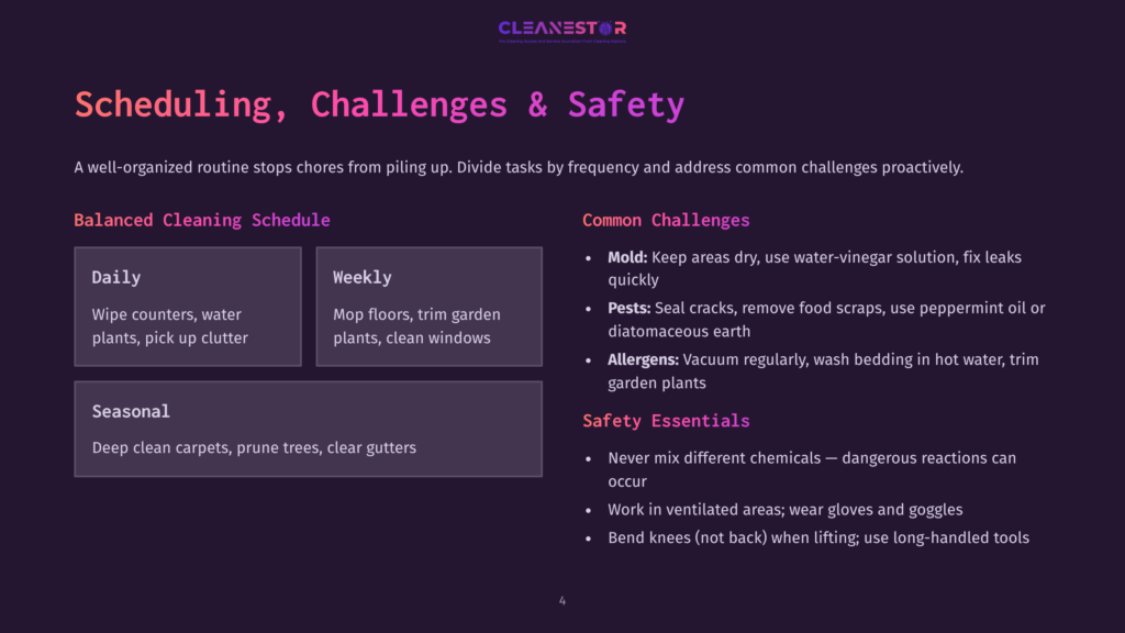 A Presentation Slide Titled &Quot;Scheduling, Challenges &Amp; Safety&Quot; Outlines Daily And Weekly Cleaning Tasks, Seasonal Cleaning, And Common Challenges Like Mold And Pests, With Safety Essentials Listed.
