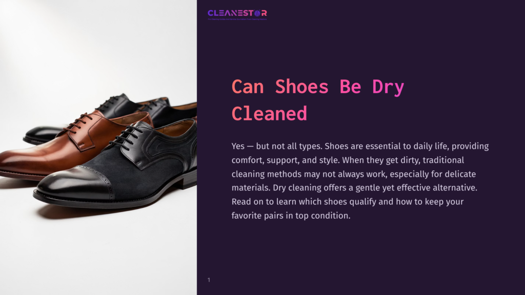 Cleanestor Logo Above A Close-Up Of Three Men'S Dress Shoes: Two Shiny Brown Leather Oxfords And One Black Suede Oxford With A Dark Sole And Laces, Suggesting Professional Shoe Cleaning.
