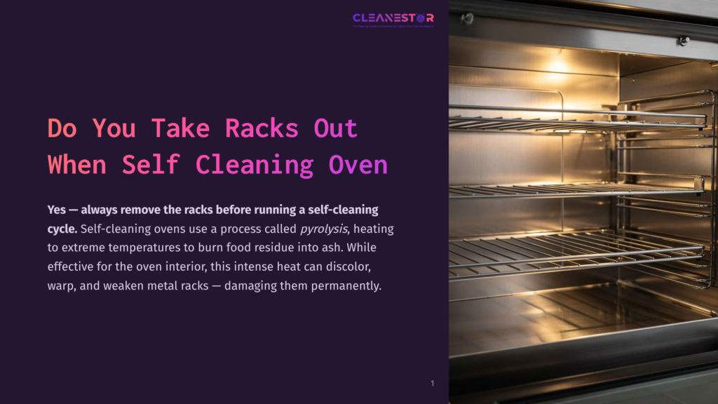 Interior Of A Clean, Empty Oven With Three Shiny Metal Racks, Illuminated By Bright Interior Lights. Text Overlay Reads: &Quot;Do You Take Racks Out When Self Cleaning Oven?