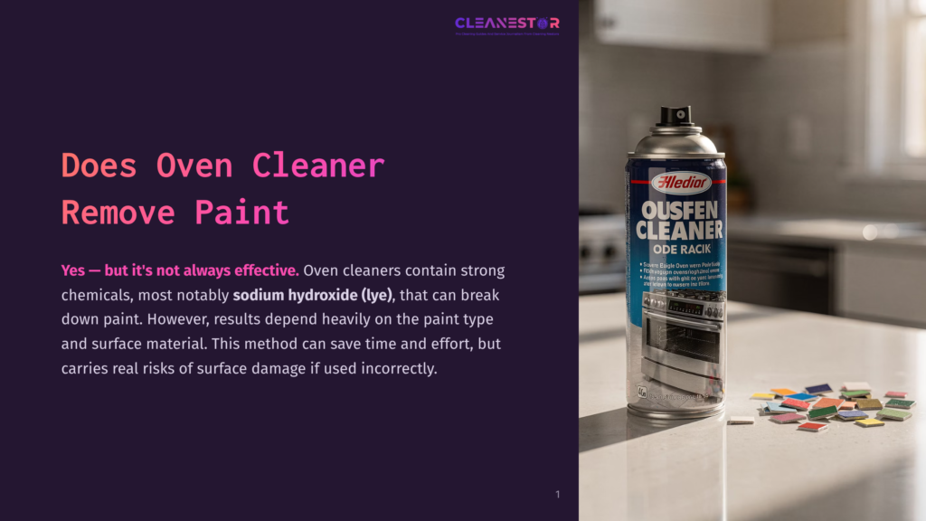 A Can Of &Quot;Hedior Ousfen Cleaner&Quot; Oven Cleaner Sits On A Countertop Next To Colorful Oven Racks And Cleaning Supplies, With Text On The Left Discussing Oven Cleaner And Paint Removal.
