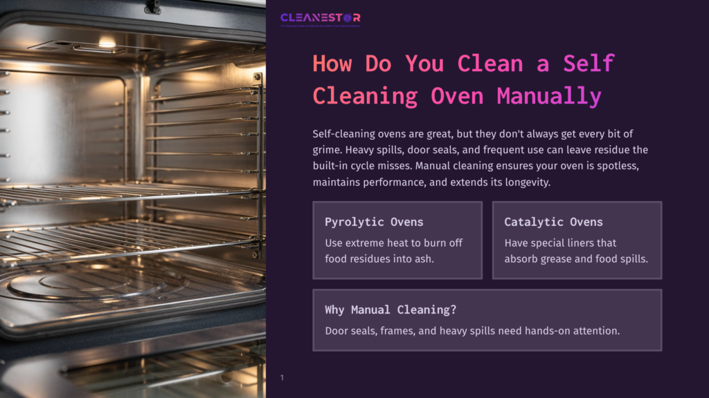 Interior Of A Clean, Stainless Steel Self-Cleaning Oven With Racks, Lit Up. Text Overlay Reads &Quot;Cleanestor&Quot; And &Quot;How Do You Clean A Self Cleaning Oven Manually?&Quot;.