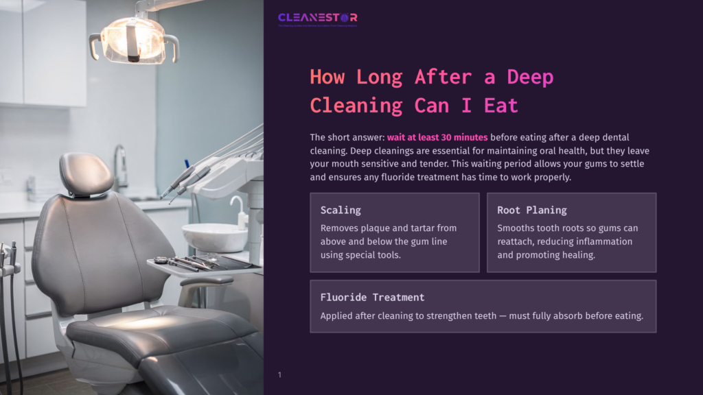 Dental Operatory With Chair, Dental Tools, And Lighting. Text Overlay: &Quot;Cleanestor&Quot;, &Quot;How Long After A Deep Cleaning Can I Eat&Quot;, &Quot;Scaling&Quot;, &Quot;Root Planing&Quot;, &Quot;Fluoride Treatment&Quot;.