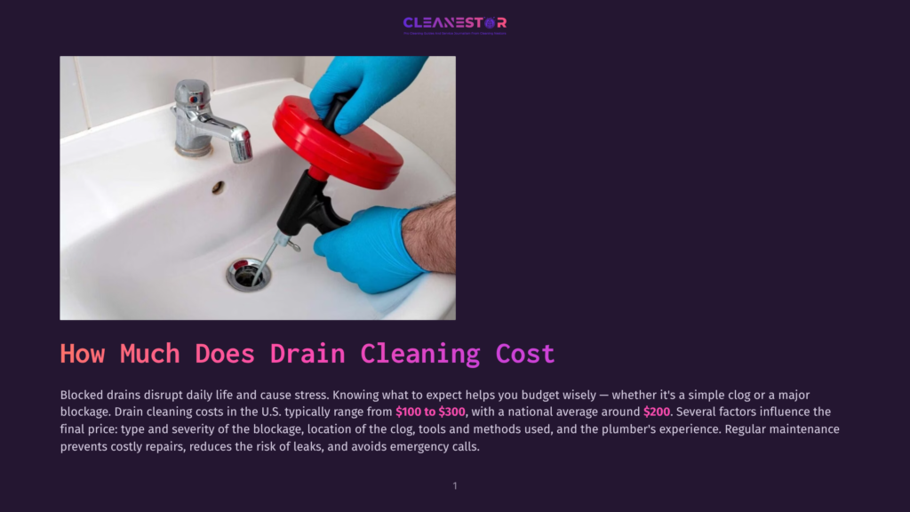 A Plumber Wearing Blue Gloves Uses A Drain Snake To Clear A Clogged Sink Drain, With The Cleanestor Logo Visible At The Top.