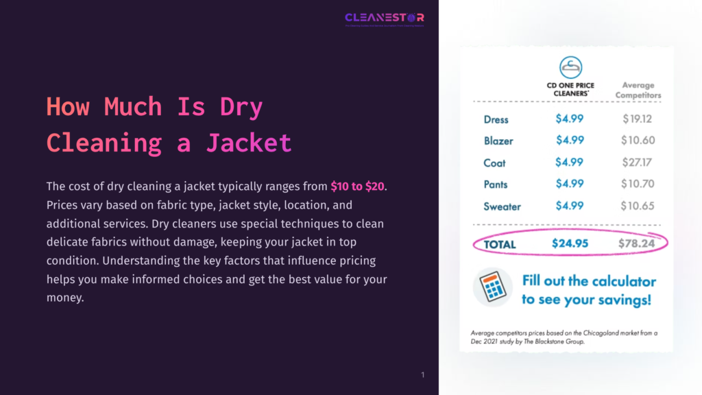 Infographic Comparing Dry Cleaning Costs For A Jacket At Cleanestor Versus Competitors. Text Highlights That Jacket Dry Cleaning Prices Range From $10 To $20.