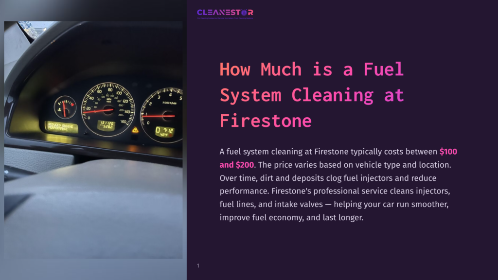Close-Up Of A Car'S Dashboard Showing A Fuel Gauge And Speedometer, With A &Quot;Reduced Engine Performance&Quot; Warning Light Illuminated. The Text &Quot;Cleanestor&Quot; Is Visible At The Top.