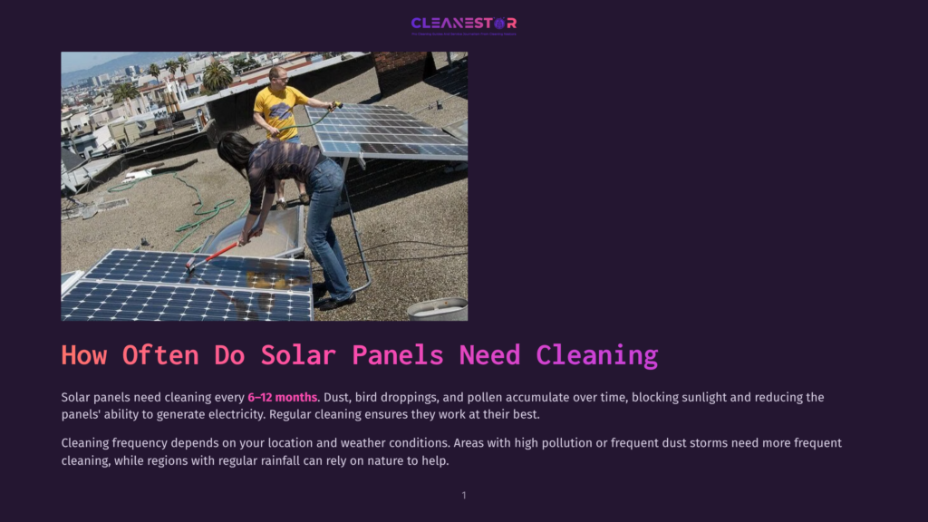 1 How Often Do Solar Panels Need Cleaning Two Men Clean Solar Panels On A Rooftop In A City, With A Clear Sky And Buildings In The Background. The Text &Quot;Cleanestor&Quot; Is Visible.