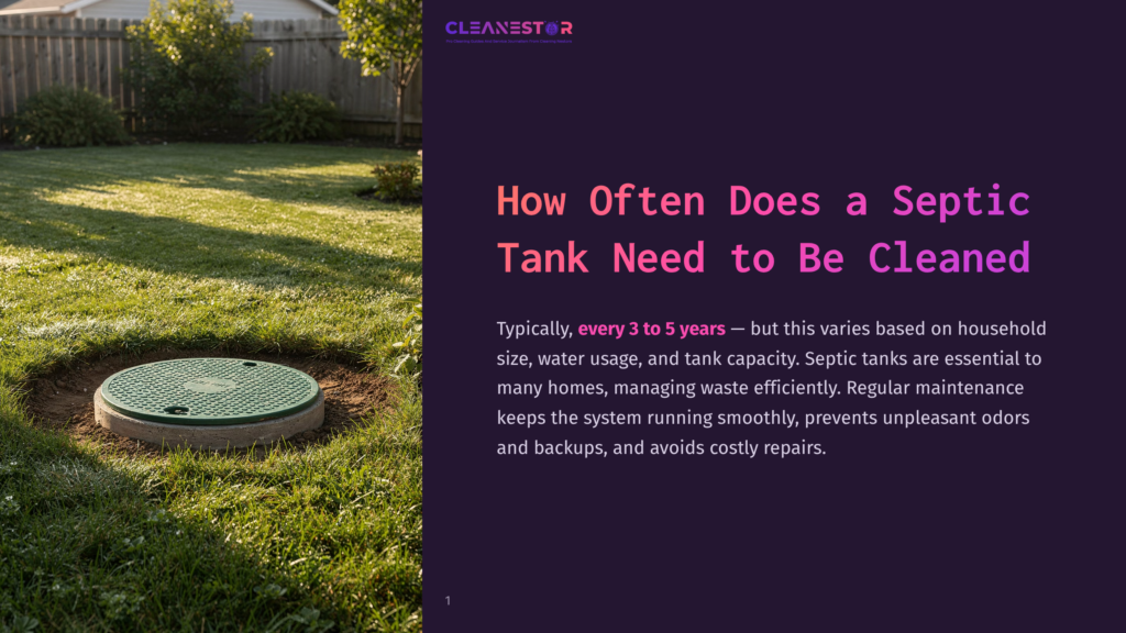 1 How Often Does A Septic Tank Need To Be Cleaned 1 A Green Septic Tank Lid Is Visible In A Grassy Backyard, Surrounded By Freshly Dug Earth. Text On The Right Reads &Quot;How Often Does A Septic Tank Need To Be Cleaned?