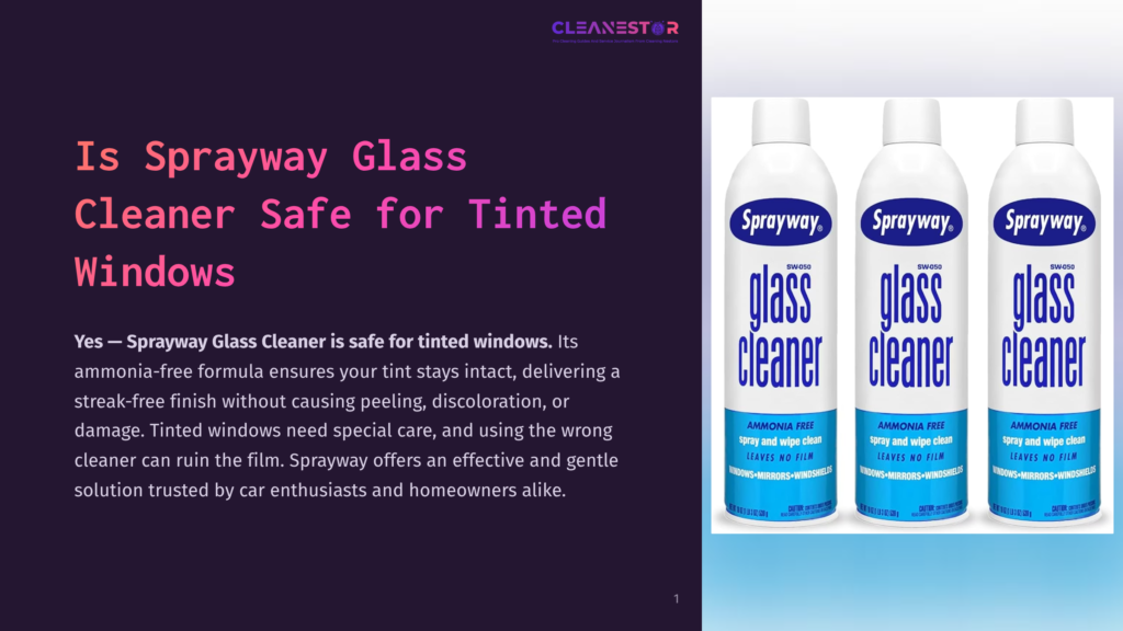Three Cans Of Sprayway Ammonia-Free Glass Cleaner, Designed For Tinted Windows, Are Displayed Side-By-Side Against A Dark Background.