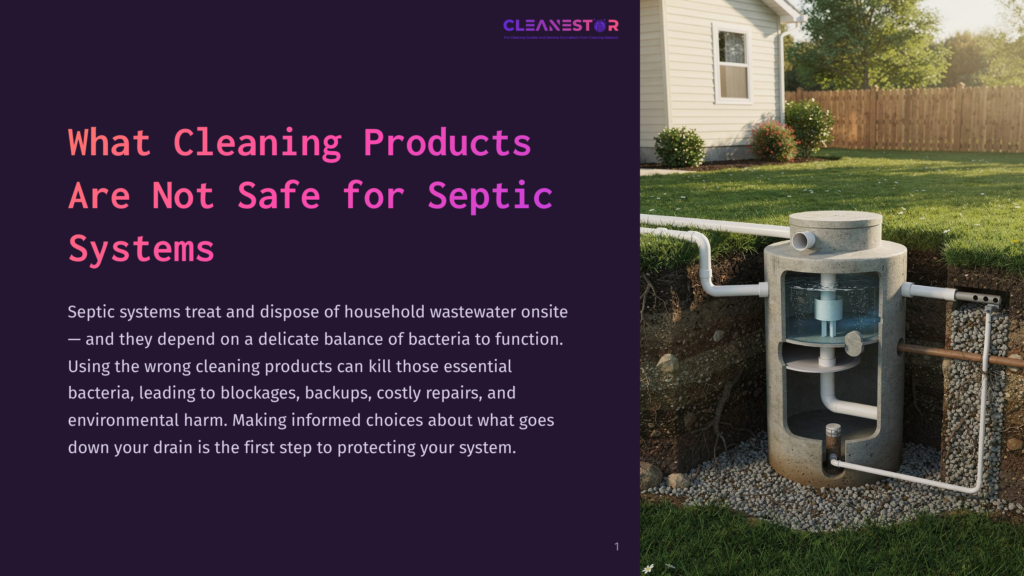 Diagram Of A Septic Tank Cross-Section, Showing Pipes Entering And Exiting, With Text Overlay: &Quot;What Cleaning Products Are Not Safe For Septic Systems&Quot; And &Quot;Cleanestor&Quot;.