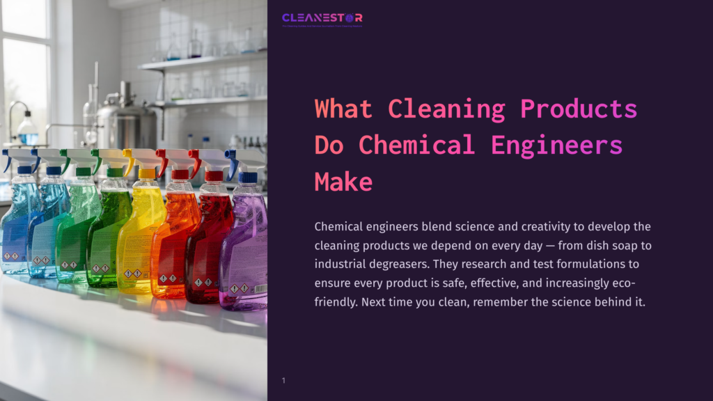 A Row Of Colorful Cleaning Spray Bottles In Red, Orange, Yellow, Green, Blue, And Purple, Arranged On A Laboratory Counter With Scientific Equipment In The Background. The Cleanestor Logo And Text &Quot;What Cleaning Products Do Chemical Engineers Make&Quot; Are Visible.