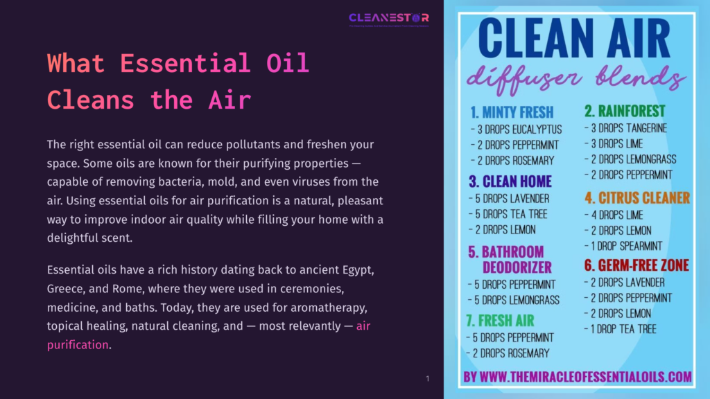 Infographic Titled &Quot;Clean Air Diffuser Blends&Quot; Listing 7 Essential Oil Blends For Air Purification, Including Minty Fresh, Rainforest, And Germ-Free Zone. The Text &Quot;What Essential Oil Cleans The Air&Quot; Is Prominent.