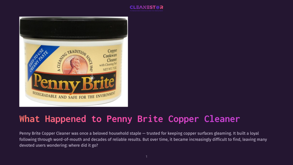 A Jar Of Penny Brite Copper Cookware Cleaner, Featuring A Penny And The Text &Quot;Penny Brite&Quot; And &Quot;Easy-To-Use Creamy Paste&Quot;.