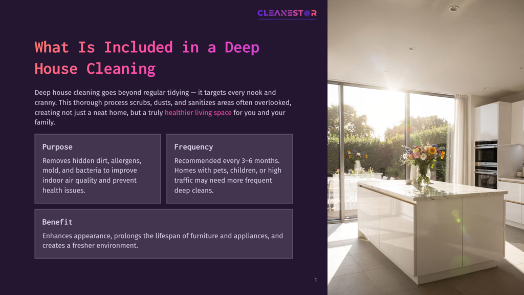 Modern, Sunlit Kitchen With A Large Island, Floral Centerpiece, And Open Patio Doors Leading To A Lush Garden. Text Overlay: &Quot;Cleanestor Deep Cleaning Services&Quot;.