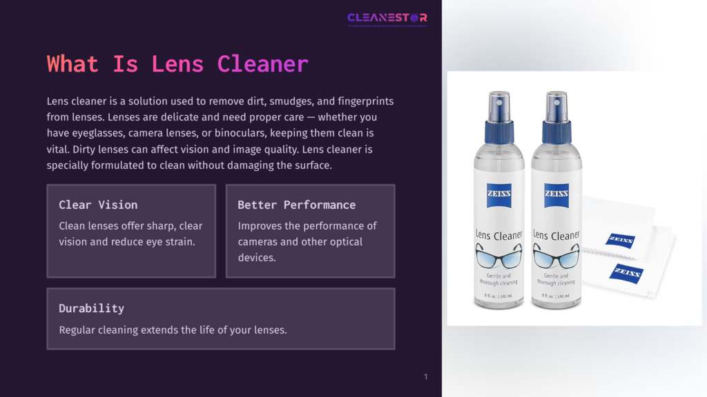 Two Bottles Of Zeiss Lens Cleaner With Spray Tops Sit Next To Two Microfiber Cleaning Cloths. The Bottles Are Clear With Blue Spray Tops And White Labels Featuring A Pair Of Glasses. The Cloths Are White With A Subtle Pattern And The Zeiss Logo.