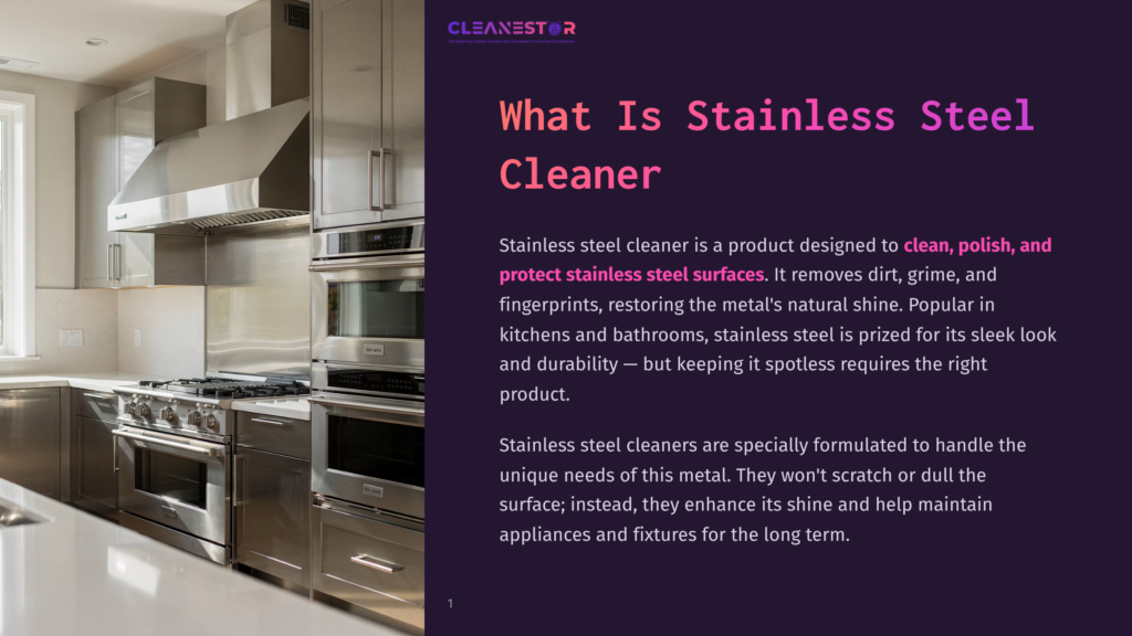 Cleanestor Logo And Text &Quot;What Is Stainless Steel Cleaner&Quot; On A Background Of A Modern Kitchen With Stainless Steel Appliances, Including A Range, Ovens, And Vent Hood.