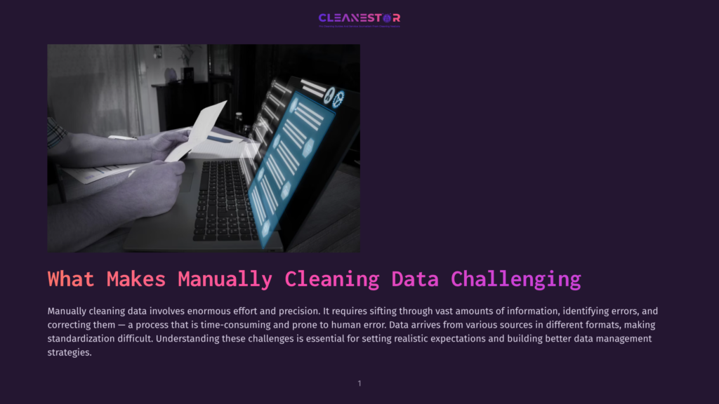 A Person'S Hands Are Shown On A Laptop Keyboard, With A Screen Displaying Data Charts And Graphs, Suggesting Data Cleaning Or Analysis.