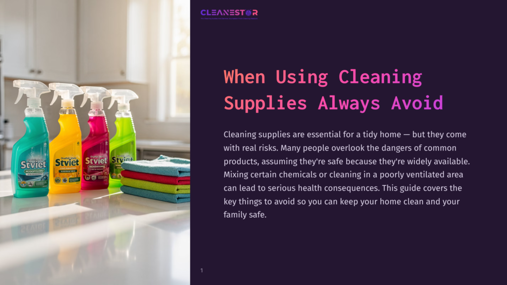 Four Colorful Spray Bottles Of Cleaning Supplies, Including &Quot;Stviet&Quot; Brands, Sit On A White Countertop Next To A Stack Of Microfiber Cloths. The Bottles Are Blue, Yellow, Pink, And Green.