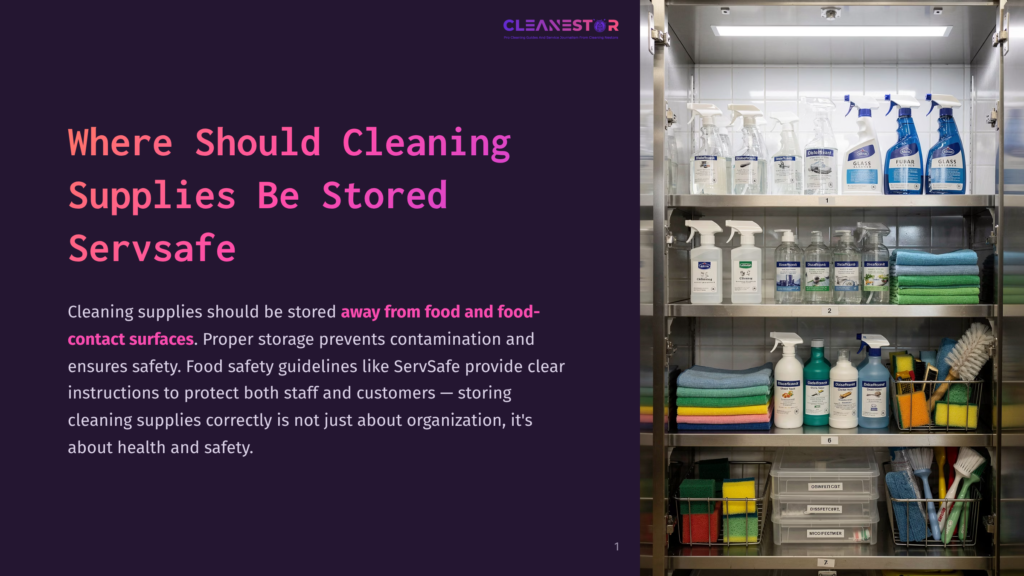 A Wall-Mounted Cabinet Filled With Cleaning Supplies, Including Spray Bottles, Microfiber Cloths, And Cleaning Solutions, Neatly Organized On Shelves. The Cabinet Doors Are Open, Revealing The Organized Contents.