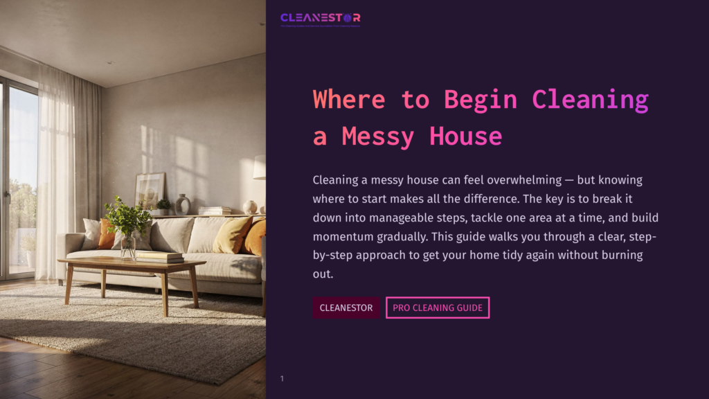 A Bright, Sunlit Living Room With A Modern Couch, Coffee Table, And Large Window. The Text &Quot;Cleanestor&Quot; And &Quot;Where To Begin Cleaning A Messy House&Quot; Is Overlaid On A Dark Purple Background.