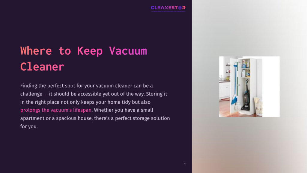 A Tall, White Storage Cabinet Is Open, Revealing Cleaning Supplies Inside, Including A Blue And Black Vacuum Cleaner, Brooms, And Mops. A Laundry Basket Sits On The Floor Next To It.