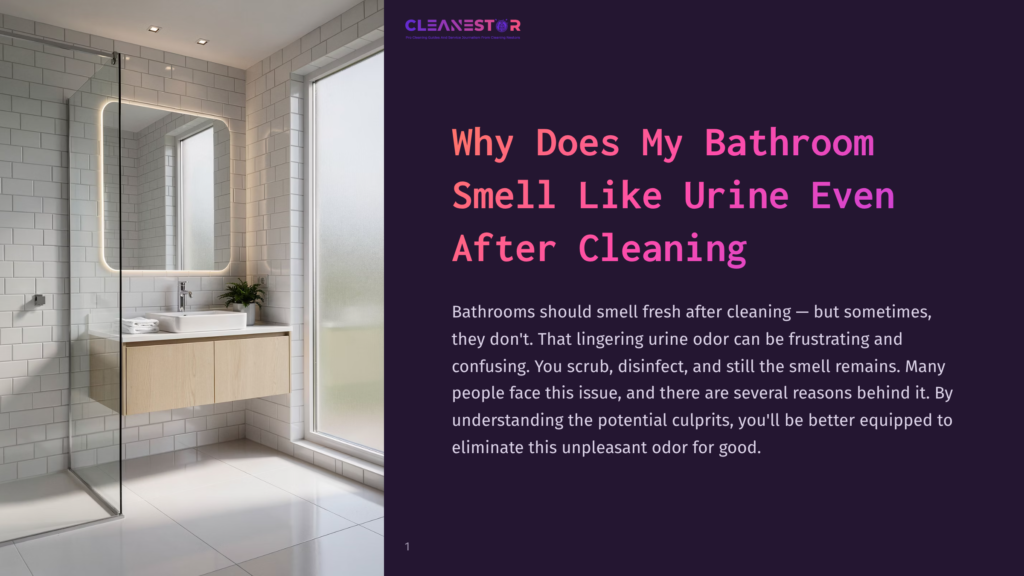 1 Why Does My Bathroom Smell Like Urine Even After Cleaning Cleanestor Logo And Title &Quot;Why Does My Bathroom Smell Like Urine Even After Cleaning?&Quot; Overlayed On A Modern, Minimalist Bathroom With A Floating Vanity, White Subway Tile, And A Large Mirror.