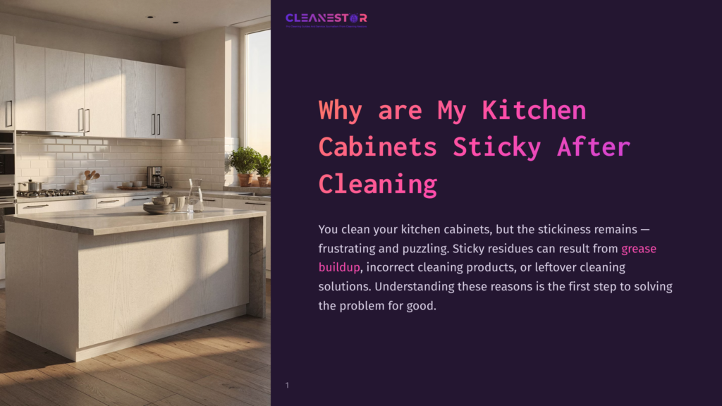 Modern Kitchen Island With White Cabinets And A Granite Countertop, Bathed In Sunlight. The Cleanestor Logo And Text About Sticky Kitchen Cabinets Are Visible On The Right.