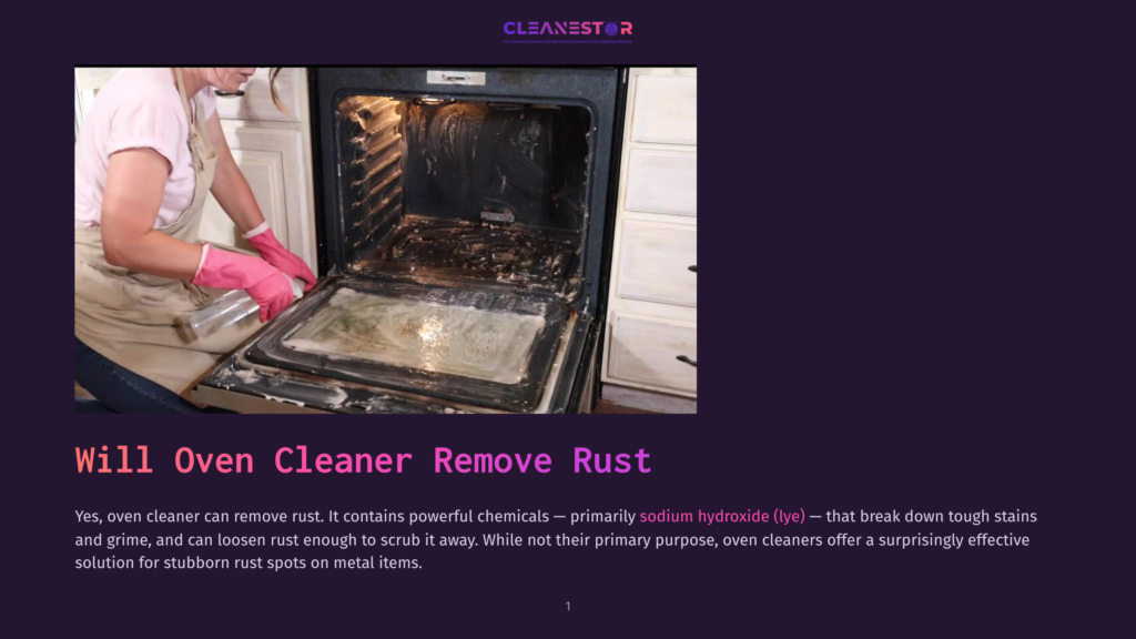 A Person In Pink Gloves And An Apron Cleans A Very Dirty Oven Interior, Showing The Effectiveness Of Oven Cleaner For Tough Grime And Rust.