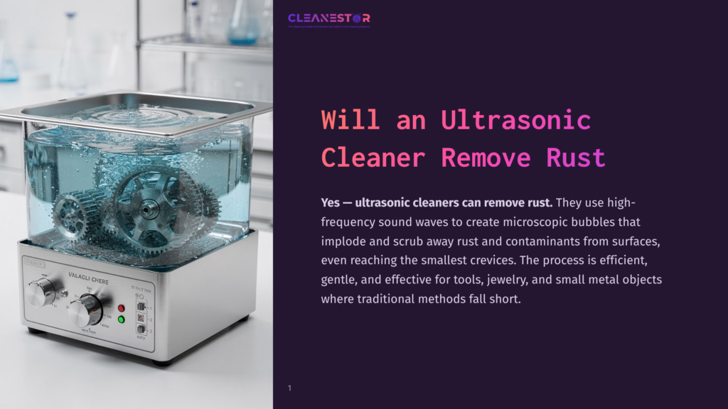 1 Will An Ultrasonic Cleaner Remove Rust Ultrasonic Cleaner With Water And Gears, Showing The Cleaning Process. Text Overlay Reads: &Quot;Will An Ultrasonic Cleaner Remove Rust&Quot;.