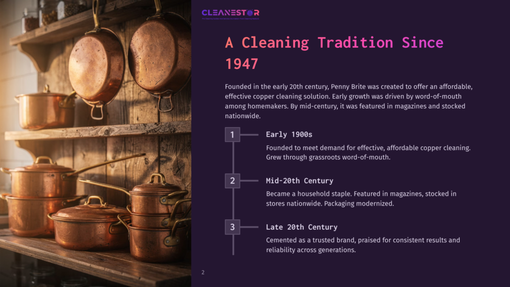 An Old-Fashioned Kitchen Scene With Gleaming Copper Pots And Pans On Wooden Shelves. The Cleanestor Logo And Text About The History Of Copper Cleaning Are Visible.
