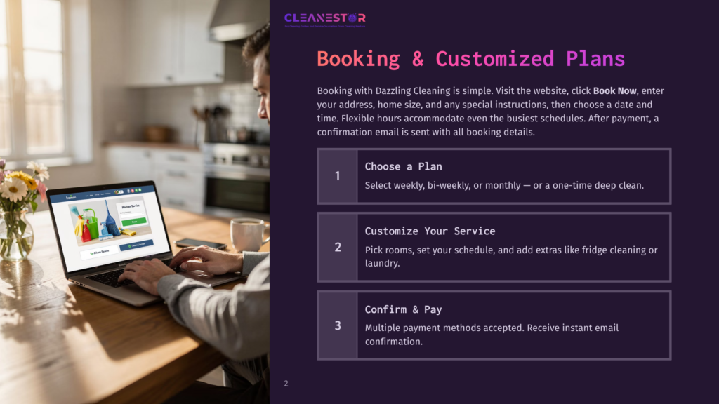 Man Using A Laptop Showing A Cleaning Service Website With Booking Options Like &Quot;Choose A Plan,&Quot; &Quot;Customize Your Service,&Quot; And &Quot;Confirm &Amp; Pay.