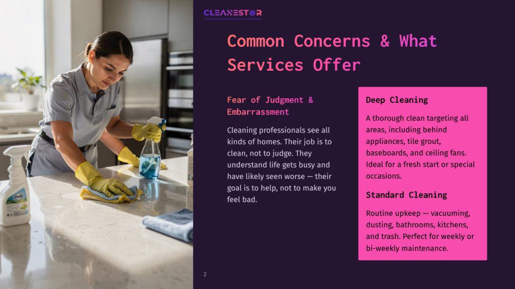 A Professional Cleaner In A Gray Uniform And Yellow Gloves Meticulously Wipes A Marble Countertop With A Blue Cloth, Holding A Spray Bottle In Her Other Hand. The Kitchen Setting Is Bright And Modern.