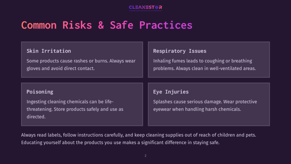 Infographic Detailing Common Risks And Safe Practices For Cleaning Products, Including Skin Irritation, Respiratory Issues, Poisoning, And Eye Injuries, With The Cleanestor Logo At The Top.