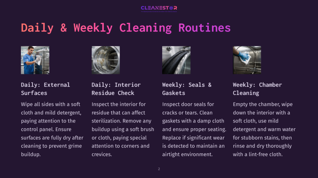 2 Daily And Weekly Cleaning Routines Daily &Amp; Weekly Cleaning Routines: A Collage Of Four Images Showing Cleaning Tasks: External Surfaces, Interior Residue Check, Seals &Amp; Gaskets, And Chamber Cleaning.
