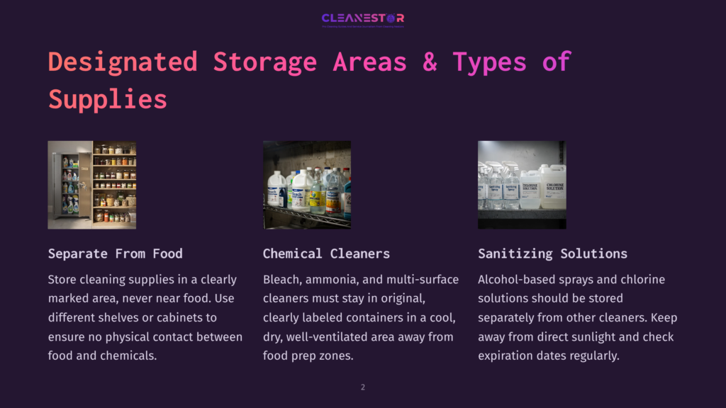 Three Sections Of A Cleaning Supply Storage Guide: A Pantry Stocked With Cleaning Supplies, Bottles Of Chemical Cleaners, And Sanitizing Solutions. Text Reads: &Quot;Designated Storage Areas &Amp; Types Of Supplies&Quot;, &Quot;Separate From Food&Quot;, &Quot;Chemical Cleaners&Quot;, And &Quot;Sanitizing Solutions&Quot;.