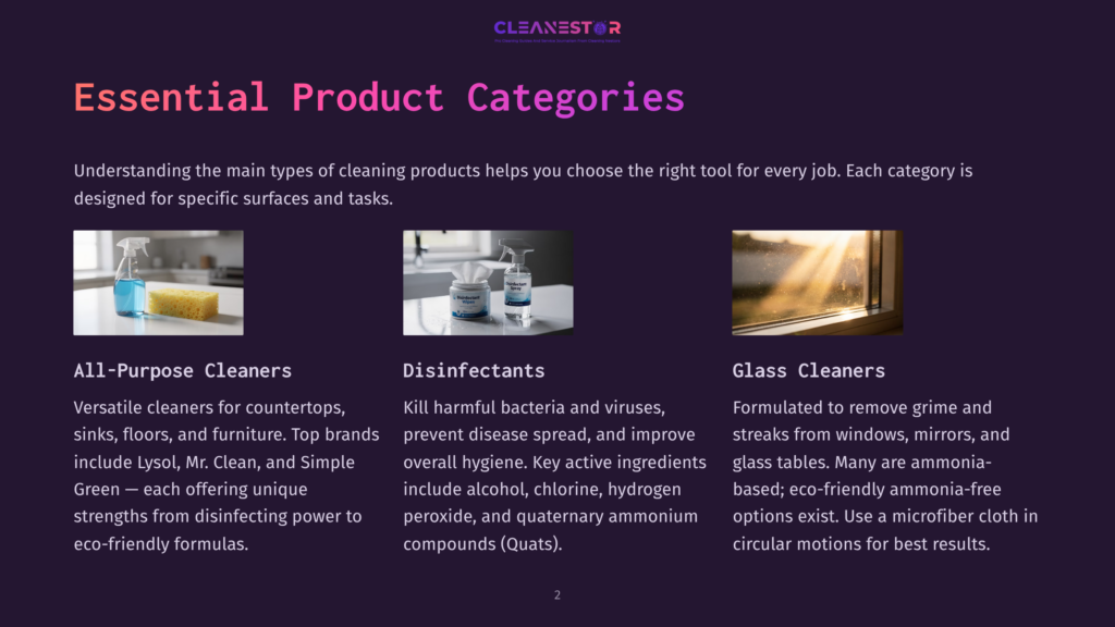 Three Distinct Cleaning Product Categories: All-Purpose Cleaners Featuring A Spray Bottle And Sponge, Disinfectants With A Wipe Container And Spray, And Glass Cleaners Showing Sunlight Streaming Through A Window.