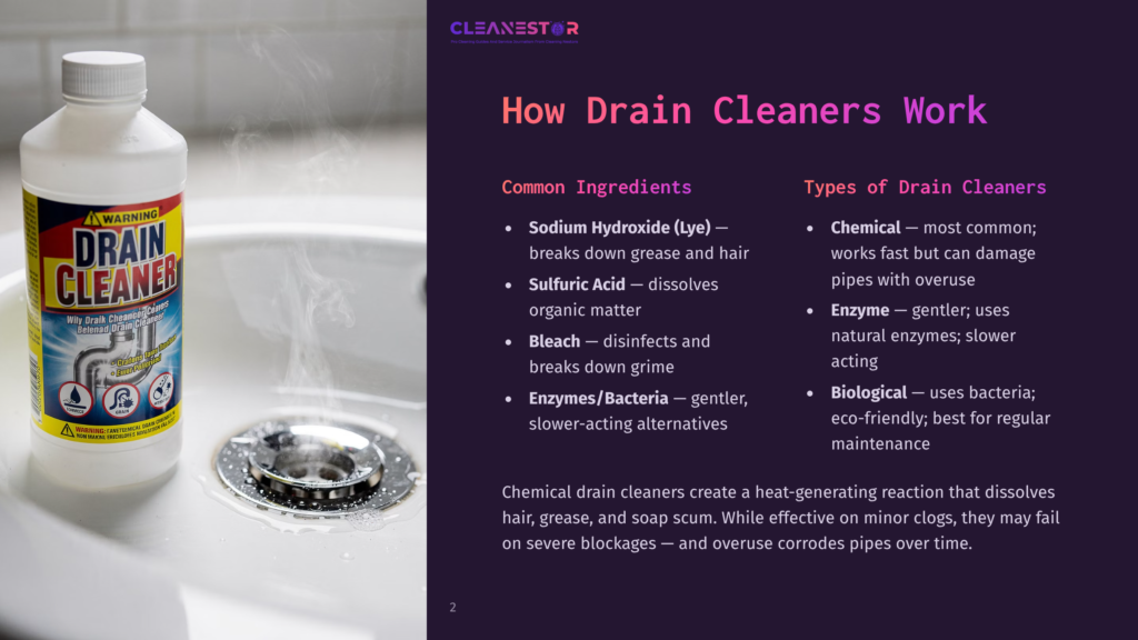 A Bottle Of &Quot;Drain Cleaner&Quot; With A Warning Label Sits Next To A Sink Drain Where Steam Rises, Indicating A Chemical Reaction Is Occurring.