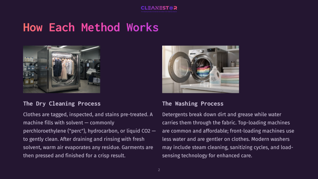 2 How Each Method Works Two Images Showcase Laundry Processes: A Large, Stainless Steel Dry Cleaning Machine With Clothes Inside, And A Modern, White Front-Loading Washing Machine With Colorful Towels And A Bottle Of Detergent.