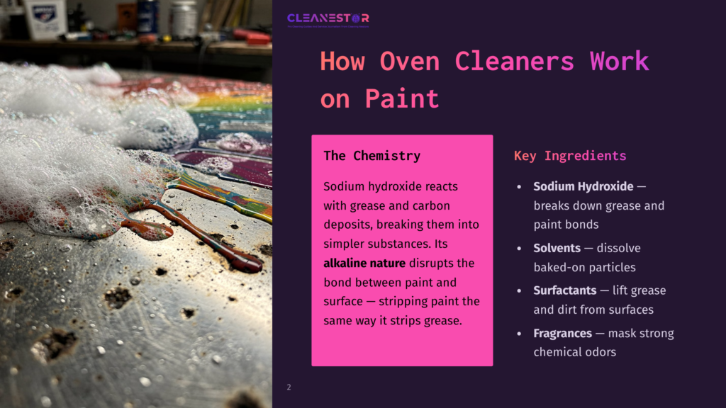 Close Up Of Colorful Soap Suds And Paint Dripping On A Metal Surface, With Text Overlay &Quot;How Oven Cleaners Work On Paint&Quot; And &Quot;Cleanestor&Quot;.